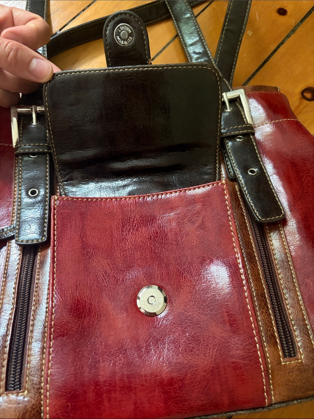 Burgundy & Dark Brown Two-Tone Leather Shoulder Bag with Silver Hardware - Picture 9 of 9